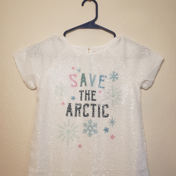 Peek Kids Girl's White Allover Sequins Save the Arctic Short Sleeve Dress 8 - Picture 2 of 12